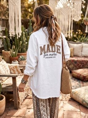 White 'Made for More' Relaxed Button-Up Jean Jacket